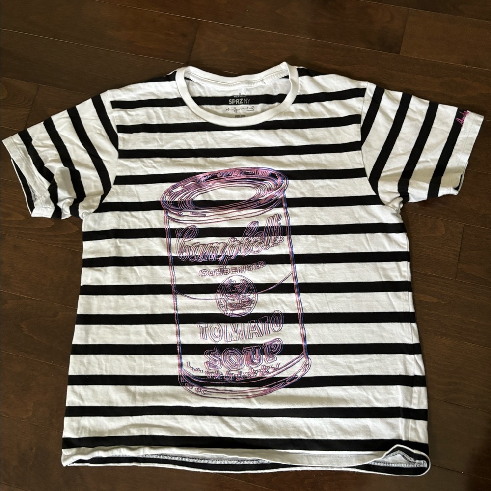 UNIQLO SPRZ NY ANDY WARHOL CAMPBELLS SOUP T-SHIRT SIZE M STRIPED BLUE/WHITE